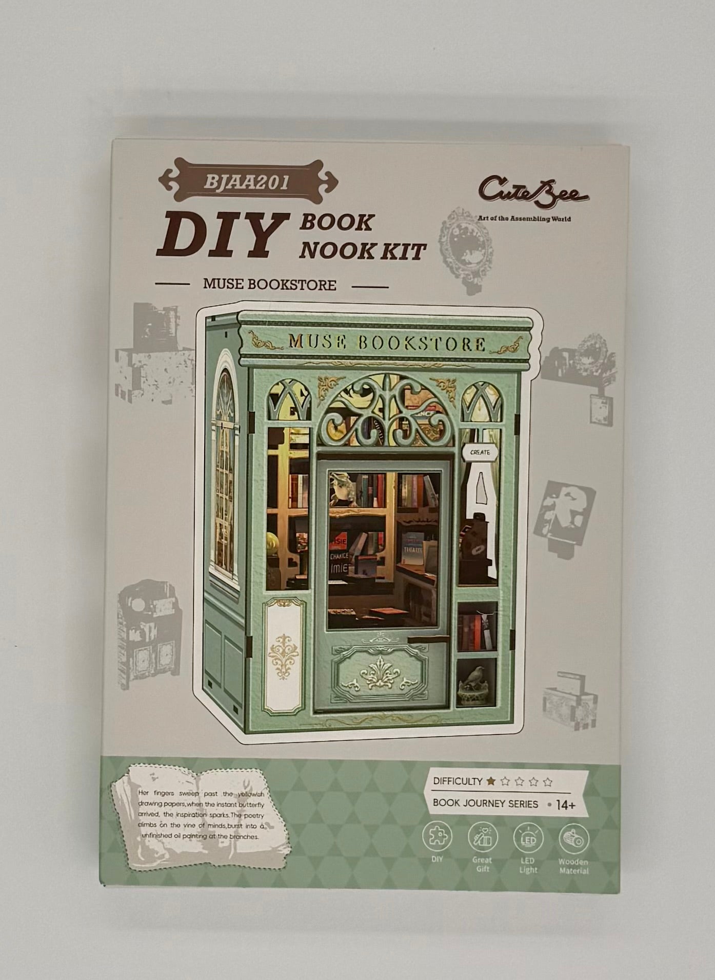 CuteBee Muse Bookstore DIY Book Nook Kit – LED Wooden Set
