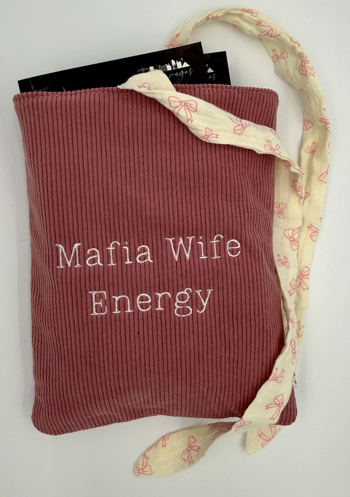 Mafia Wife Energy Book Sleeve – Dusty Rose Corduroy with Bow Tie