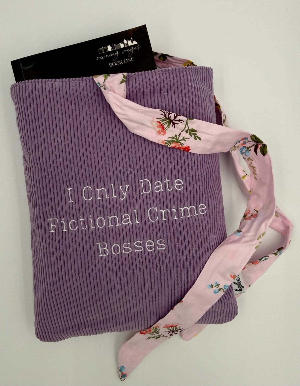 I Only Date Fictional Crime Bosses Book Sleeve – Lavender Corduroy with Floral Bow