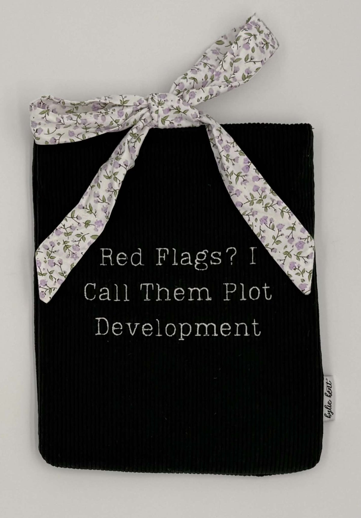 Red Flags? I Call Them Plot Development Book Sleeve – Black Corduroy with Lilac Floral Bow
