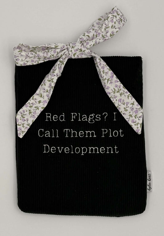 Red Flags? I Call Them Plot Development Book Sleeve – Black Corduroy with Lilac Floral Bow